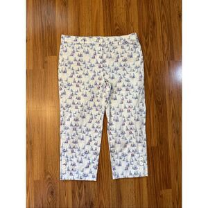 Talbots Women's Sailboat Print Stretch Cropped Capri Pants White Blue Size 10